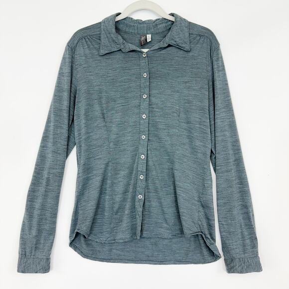 Ibex Merino Wool Long Sleeve Button Down Top Blue & Black Women's Medium - Picture 1 of 13